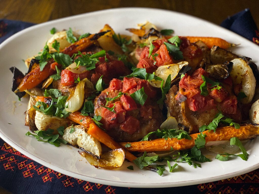 Sheet Pan Chicken Thighs with Turnips, Carrots and Harissa