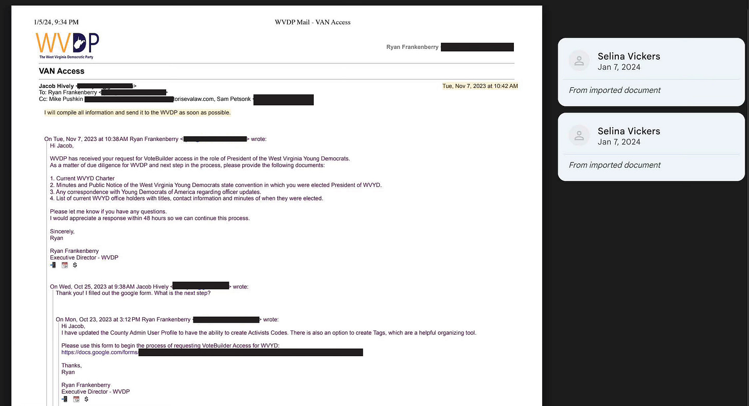 Digital metadata from the evidence files reveals that Selina Vickers, a member of the WVSDEC and the DNC Standing Credentials Committee, highlighted the documents on January 7, 2024. Screenshot of a digital document viewer showing sidebar annotations labeled "Selina Vickers" and dated "Jan 7, 2024," alongside highlighted text in an email thread.