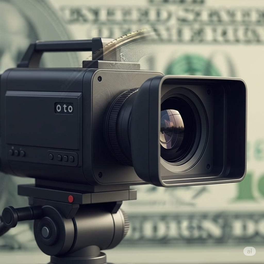 Stylized illustration of a TV studio camera with a subtle, out-of-focus dollar bill casting a slight shadow, symbolizing the tension between media integrity and financial influence. Stylized illustration of a TV studio camera with a subtle, out-of-focus dollar bill casting a slight shadow, symbolizing the tension between media integrity and financial influence.