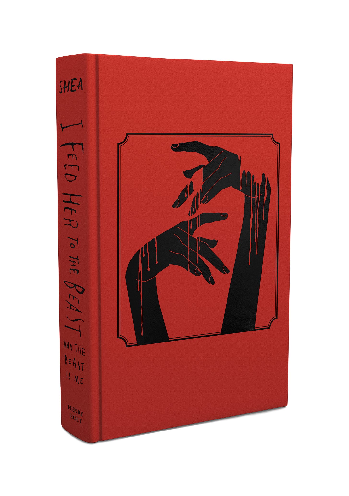 A mockup for the book featuring a flood of red on the hardcover, the title and name in black, and on the front is a stencil of ballet hands in fifth position, looking a little broken, with splotches that look like blood.