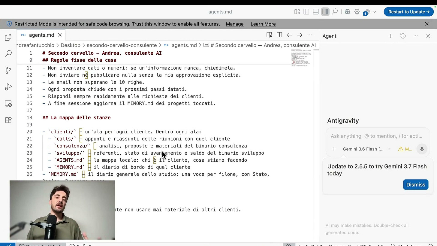 Il file AGENTS.md del second brain aperto in VS Code: regole fisse della casa e mappa delle stanze