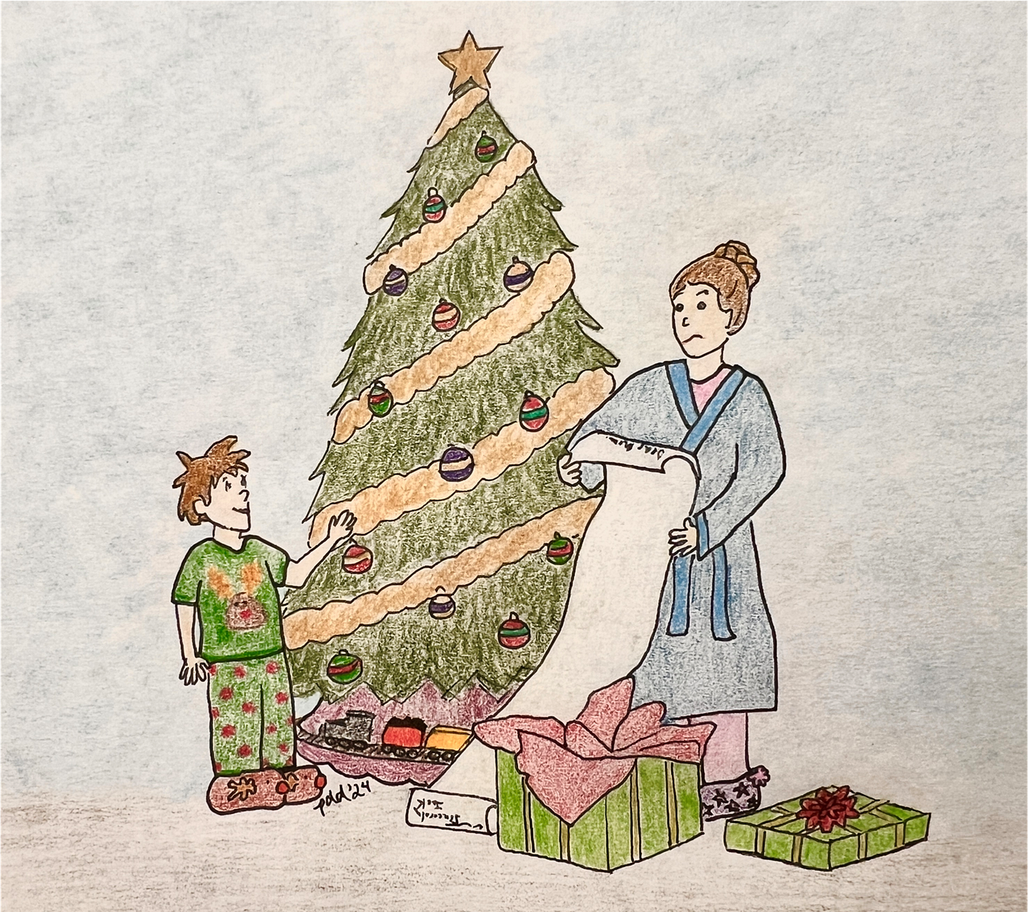 Woman with her son, dressed in pajamas, standing in front of a Christmas tree. An unwrapped present sits on the floor while the mom holds a scroll of paper that reaches the floor. She says: “This is just a list of things YOU want.” The boy replies: “I got you ‘the gift of giving’.”