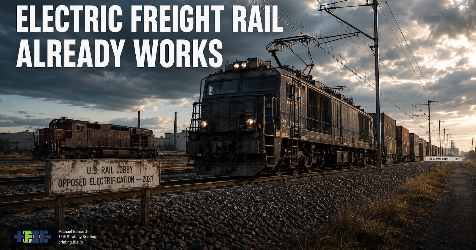 A heavy electric freight train runs beneath catenary on a realistic industrial railway corridor, with a generic North American diesel freight train on an adjacent unwired track. A trackside marker notes that the U.S. rail lobby opposed electrification in 2021, before commissioning the study released in 2025.
