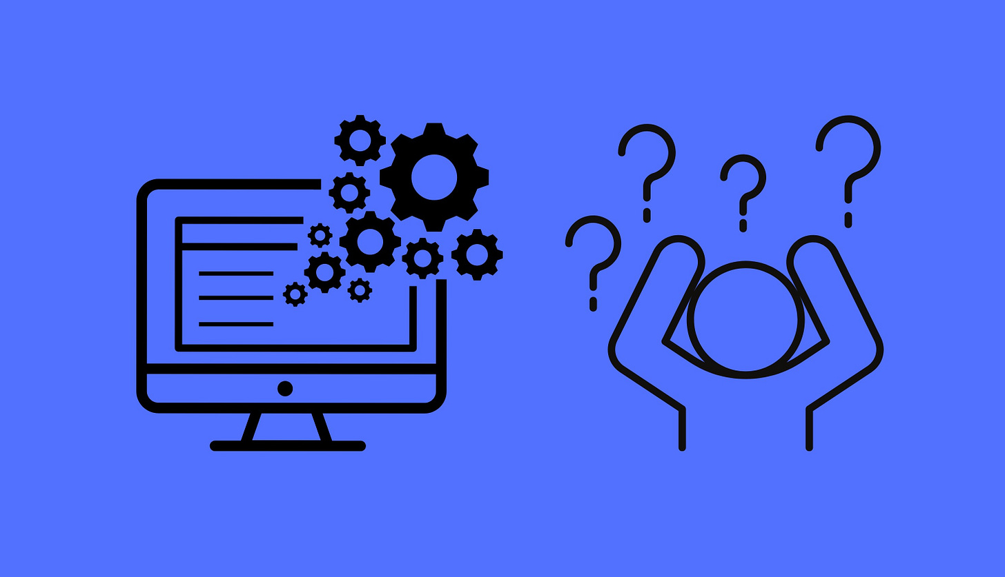 Graphic on left of computer screen with gears representing software and on the right a person with hands raised in frustration with question marks above their head. Graphic on left of computer screen with gears representing software and on the right a person with hands raised in frustration with question marks above their head.