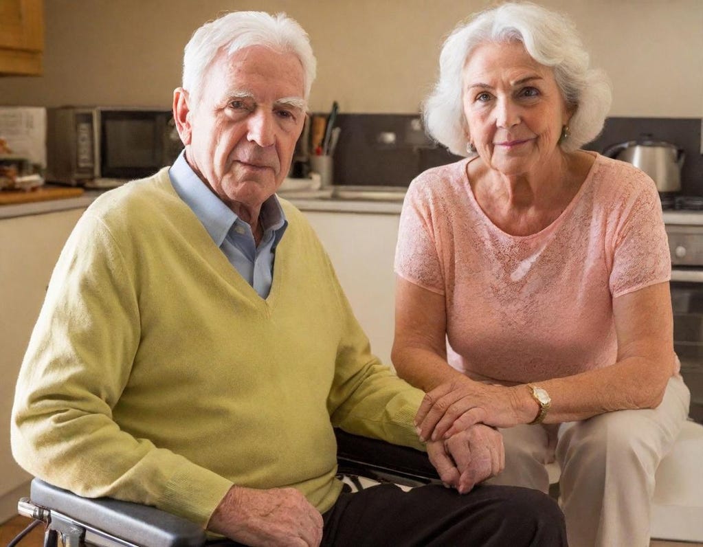 Tight portrait of 85-year-old couple with gray hair in their kitchen. He is wearing a yellow sweater and is sitting in a wheelchair. His wife, in a blink blouse, sits next to him and holds his left hand. Tight portrait of 85-year-old couple with gray hair in their kitchen. He is wearing a yellow sweater and is sitting in a wheelchair. His wife, in a blink blouse, sits next to him and holds his left hand.