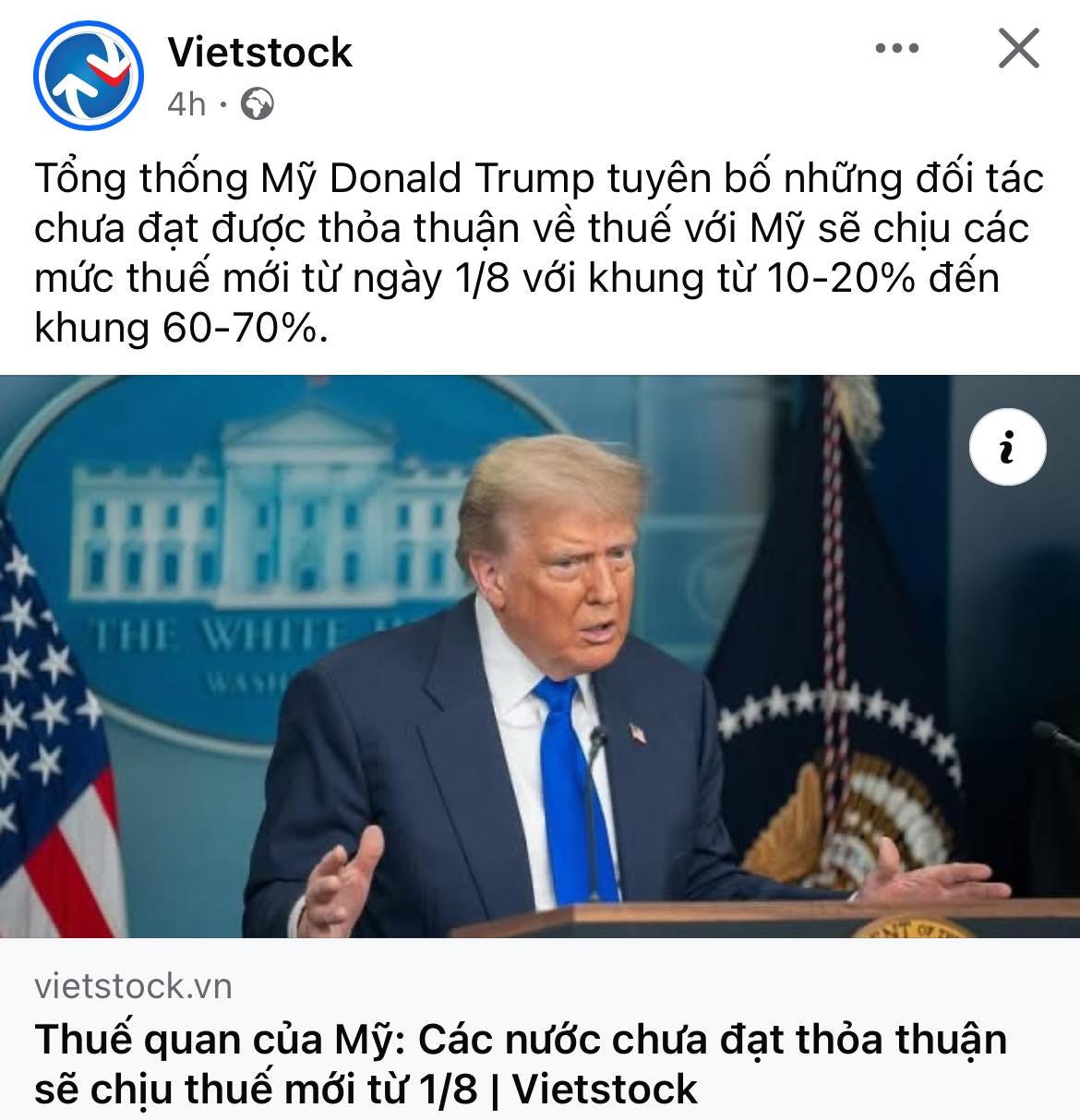 May be an image of 1 person and text that says "Vietstock 4h Tổng thống My Donald Trump tuyên bố những đối tác chưa đạt được thỏa thuận về thuế với Mỹ sẽ chịu các mức thuế mới từ ngày 1/8 với khung từ 10-20% đến khung 60-70%. i THE vietstock.vn Thuế quan của Mỹ: Các nước chưa đạt thỏa thuận sẽ chịu thuế mới từ 1/8 I Vietstock"