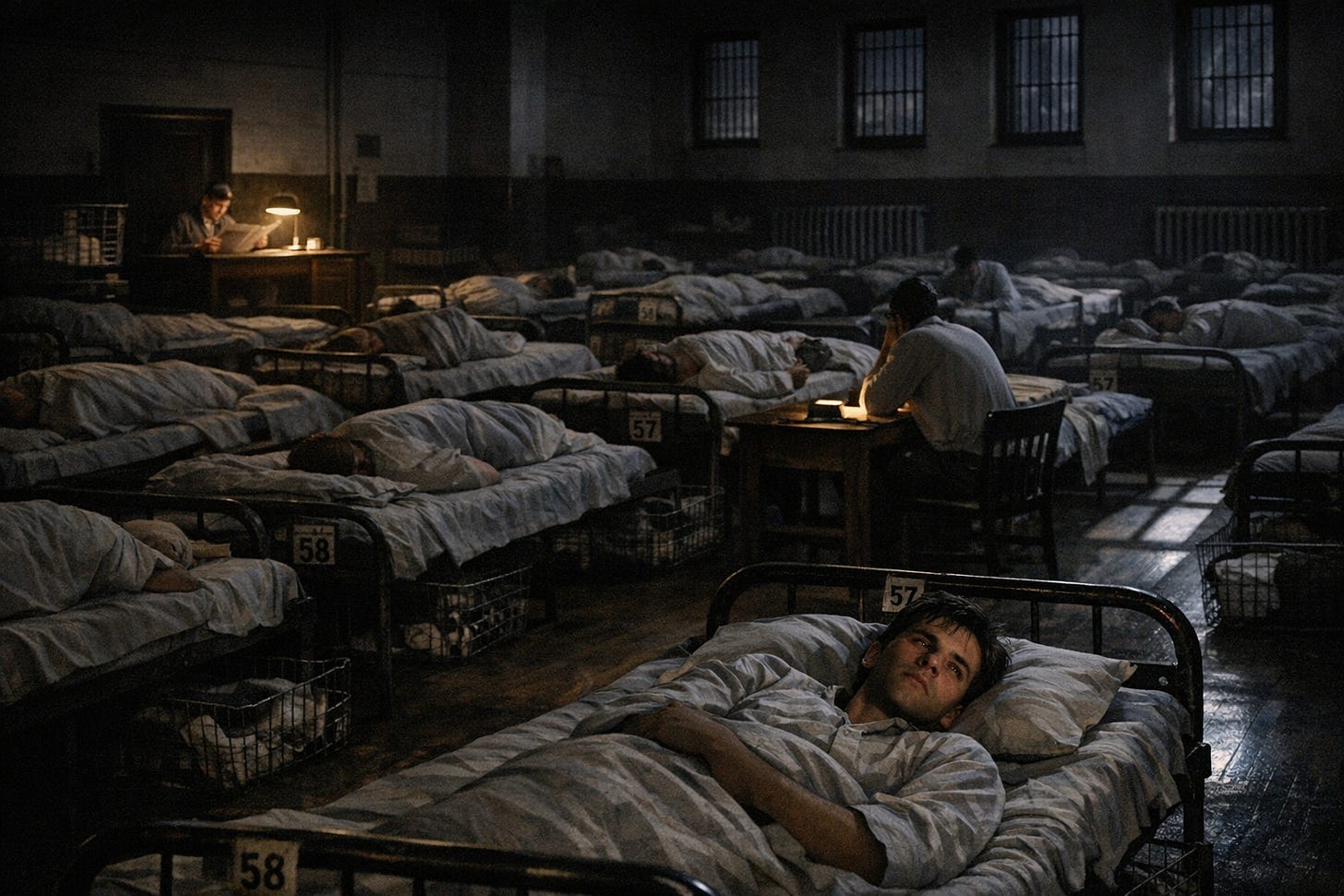Hyperrealistic color photograph of the interior of the New York Municipal Lodging House sleeping ward, December 1935, night. A vast institutional room with high ceilings, rows upon rows of simple metalframe cots with white sheets stretching into shadow. Approximately 100 men lie in beds, all wearing identical rough cotton nightshirts, their personal clothes absent. A single attendant sits at a desk near the entrance under a small desk lamp, the only light source, reading a newspaper. Men in cots display various postures of troubled sleep—some curled tightly, some staring at ceiling, one sitting up coughing, one murmuring “Margaret” in his sleep. The young protagonist lies awake on his cot, face visible, eyes open, expression of exhausted contemplation. Moonlight through high barred windows creates pale rectangles on the floor. Institutional details: numbered tags on bed frames, bare walls, radiators along walls, wire baskets visible with personal belongings. Atmosphere of temporary refuge from the brutal outside world. Documentary photography style, dramatic chiaroscuro lighting, profound stillness, the particular loneliness of communal sleeping spaces for the destitute..png