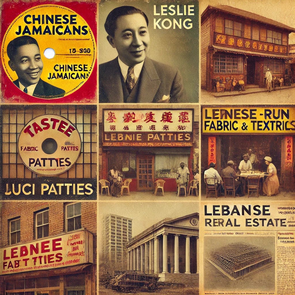 Image Disclaimer
The images generated are artistic representations intended to illustrate the historical and cultural contributions of Chinese and Lebanese Jamaicans to Jamaica. They are AI-generated and may not accurately depict real historical events, individuals, or specific locations.

These images should be used for general illustrative purposes only and not as factual historical records. If you require historically accurate visuals, consider sourcing archival photographs or consulting official historical sources.