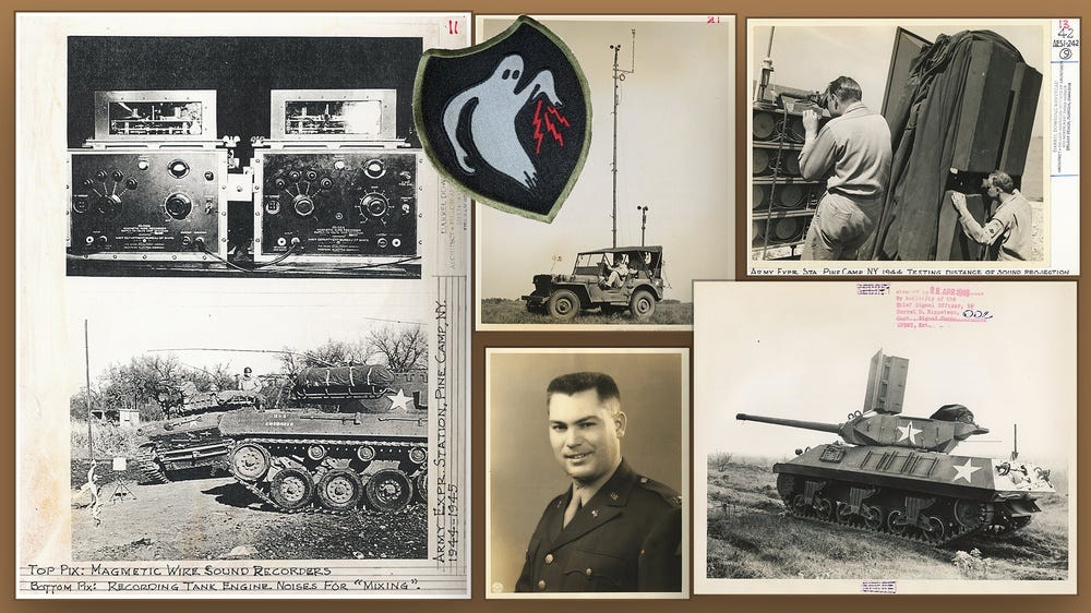 Archival montage of audio recorders, a Ghost Army patch, a weather-station jeep, a sound-projection vehicle, equipment testing and a Signal Corps officer.