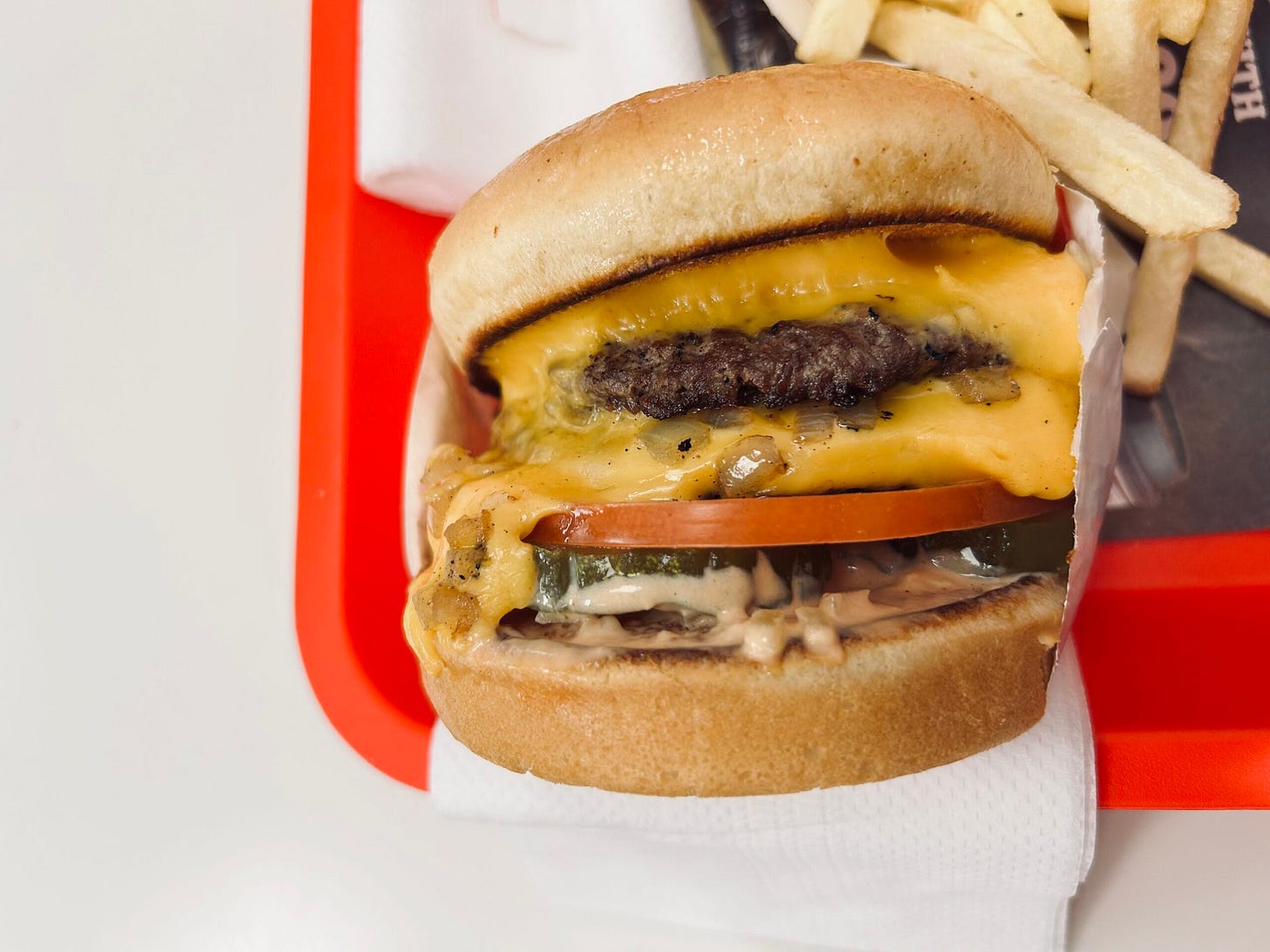 burger, fries, tray, napkin