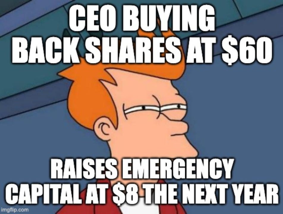Meme of Futurama’s Fry squinting, captioned: ‘CEO buying back shares at $60 — raises emergency capital at $8 the next year.’ Featured in Beating The Tide stock newsletter to highlight poor capital allocation and why evaluating management is critical in real fundamental analysis.  Meme of Futurama’s Fry squinting, captioned: ‘CEO buying back shares at $60 — raises emergency capital at $8 the next year.’ Featured in Beating The Tide stock newsletter to highlight poor capital allocation and why evaluating management is critical in real fundamental analysis.