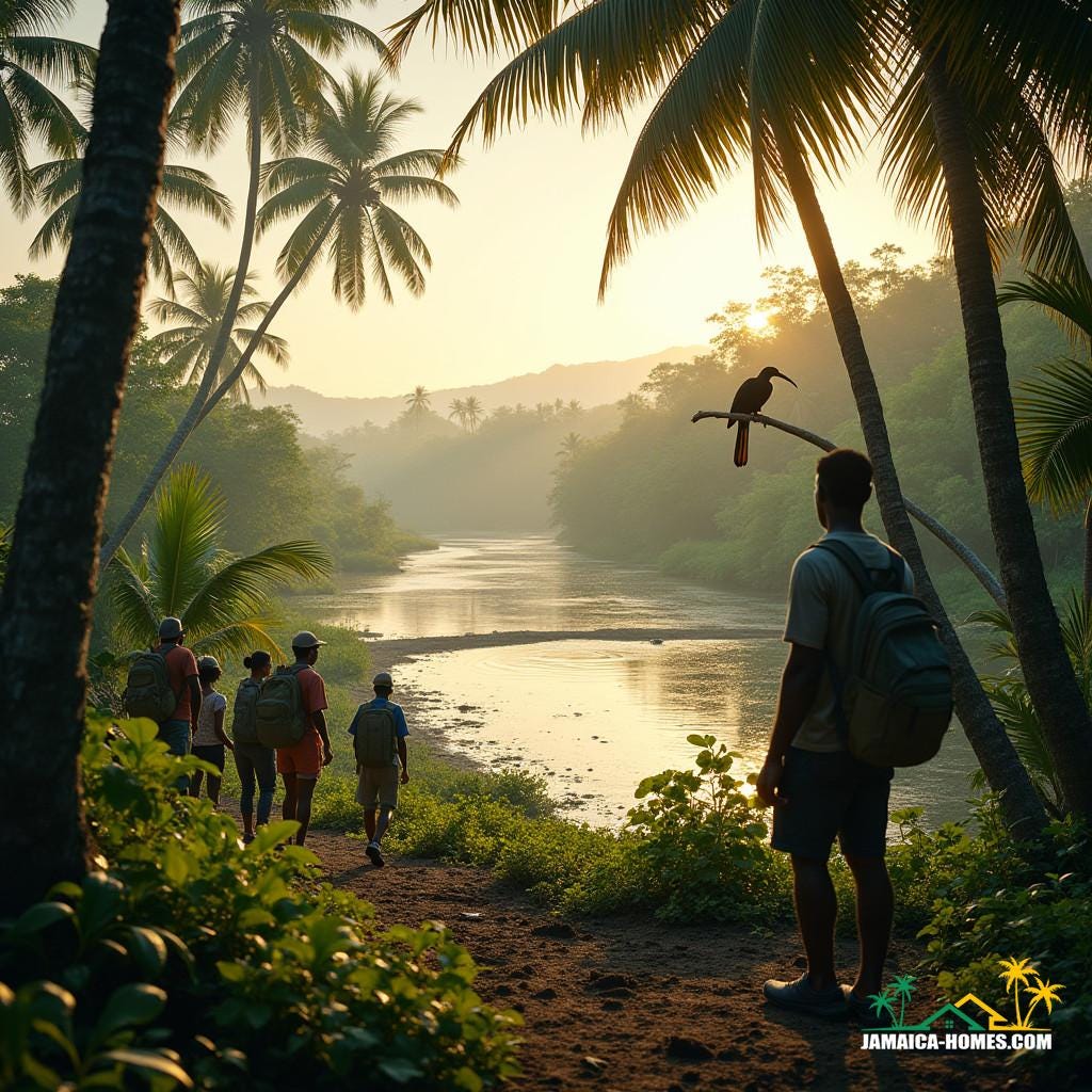 A Jamaican beachside landscape, warm golden light casting long shadows, with lush green trees and vibrant tropical plants swaying in the breeze, a winding river meandering through the scene, as a team of environmental scientists and builders, dressed in casual outdoor attire, conduct an EIA Baseline Study, collecting water and soil samples, observing local wildlife, with a mix of modern and traditional equipment, in the foreground, a large tree stands tall, with a majestic bird perched on a branch, looking out over the serene natural setting, evoking a sense of responsibility and respect for the land, inspired by the cinematic styles of Emmanuel Lubezki