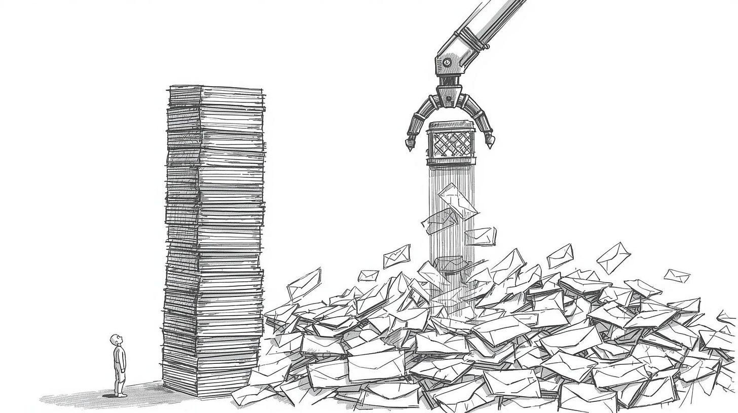 Tiny figure at base of towering envelope stack with mechanical sorting arm above