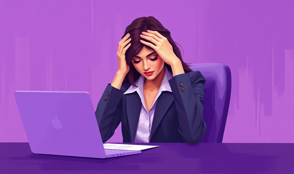 Abstract painting of a female executive sitting at a desk in front of a laptop with her head in her hands with a purple background 