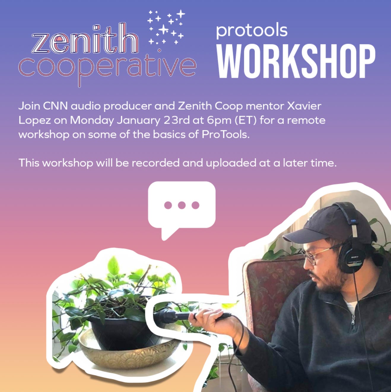 Protools Workshop with a photo of Xavier on a blue purple gradient background