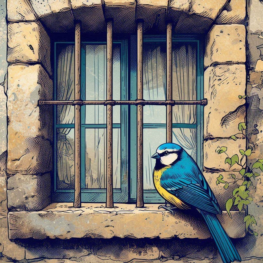 a dusty window with bars, with a blue and yellow sparrow sitting on the stone window sill, comic
