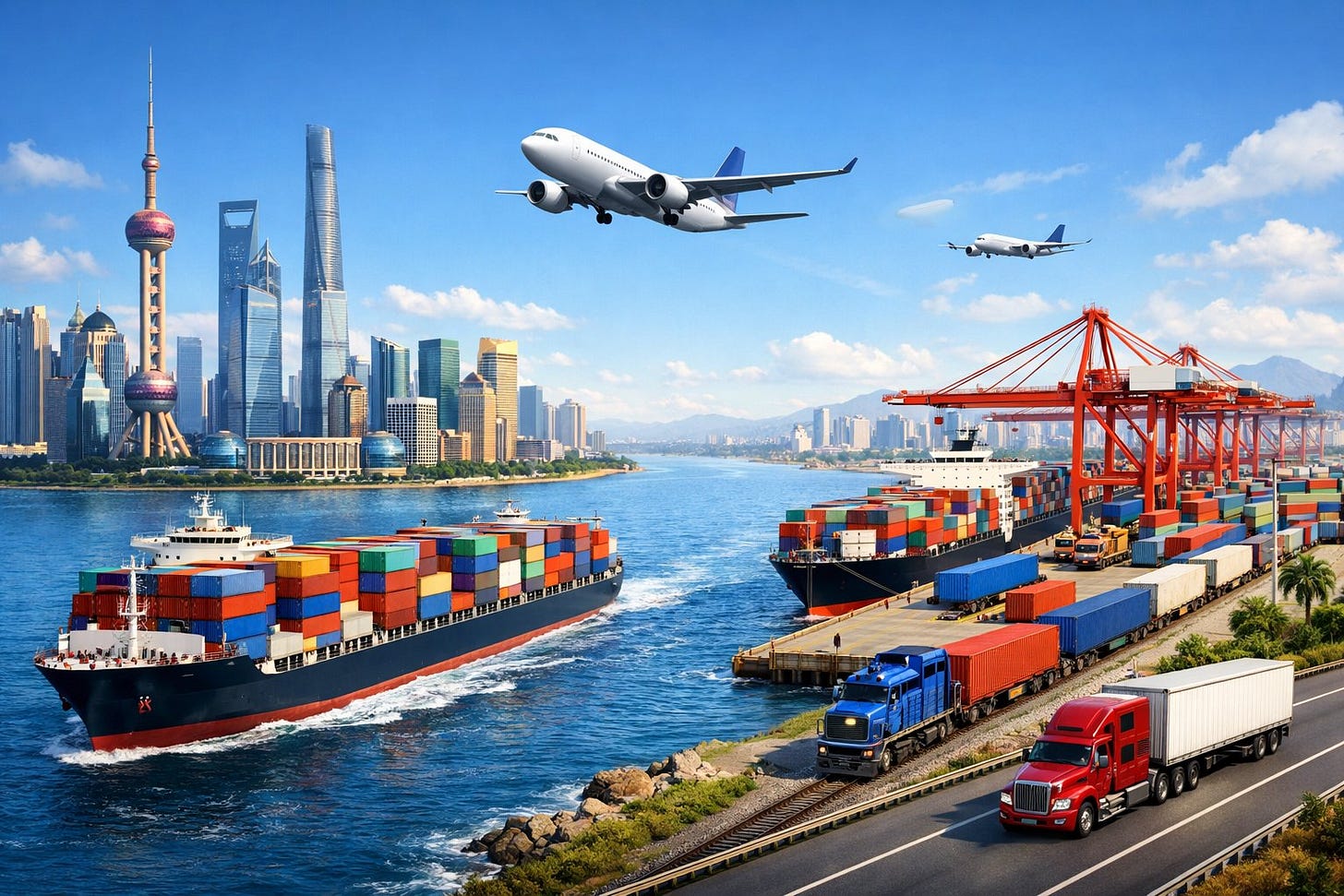 Cargo ship carrying containers sailing from Shanghai skyline toward a busy American port with cranes, trucks, trains, and cargo planes.
