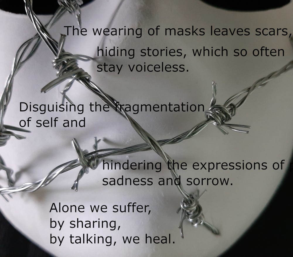 a mask wrapped in barbed wire with text