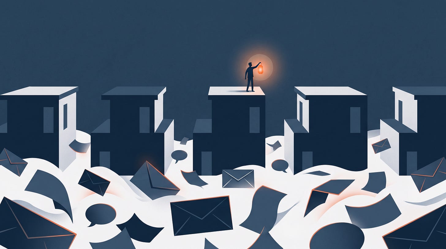 A row of houses flooding with messages while one figure holds a lantern