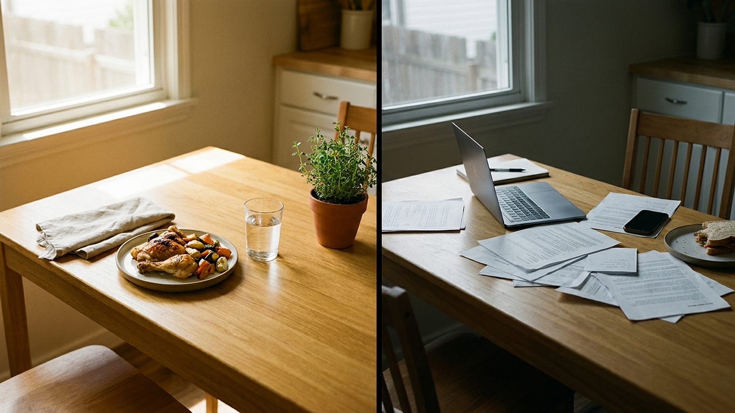 Two moments at the same table: reset clarity on the left, the slow fade back to baseline on the right. State versus architecture. Two moments at the same table: reset clarity on the left, the slow fade back to baseline on the right. State versus architecture.