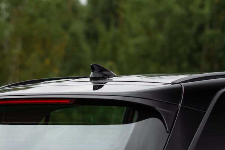 Top part of black car back showing shark finn antenna with trees in the background Top part of black car back showing shark finn antenna with trees in the background