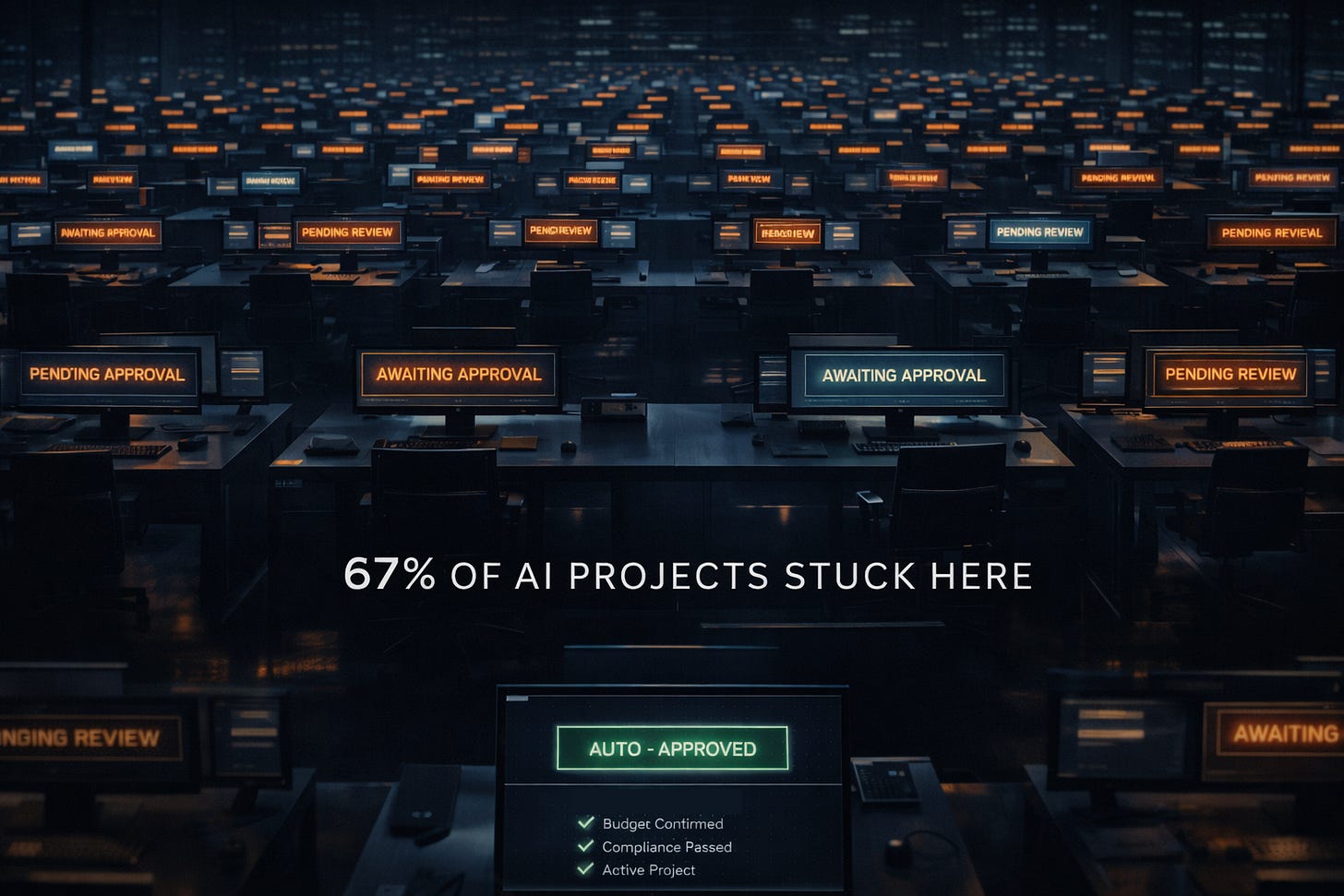 Split image of AI agents deployed at scale but stuck awaiting human approval, highlighting stalled autonomy in enterprise AI projects.