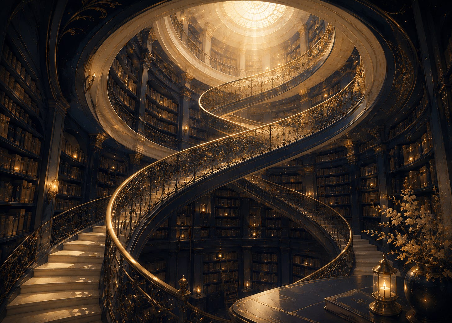 A grand circular library with towering navy bookshelves and an elegant spiral staircase winding upward beneath a softly glowing skylight. Warm cream stone, aged brass railings, and golden lantern light create a timeless atmosphere, while the rich blue shelves and curved architecture draw the eye deeper into the quiet, inviting space. A grand circular library with towering navy bookshelves and an elegant spiral staircase winding upward beneath a softly glowing skylight. Warm cream stone, aged brass railings, and golden lantern light create a timeless atmosphere, while the rich blue shelves and curved architecture draw the eye deeper into the quiet, inviting space.