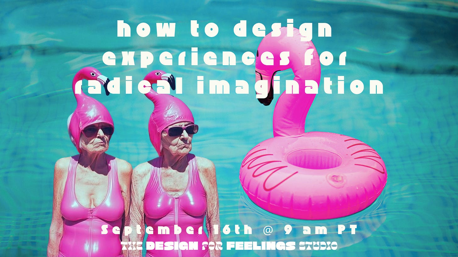 Image of two wolder white women in flamingo costumes, on a background of a pool with a flamingo float. Overlaid with workshop information