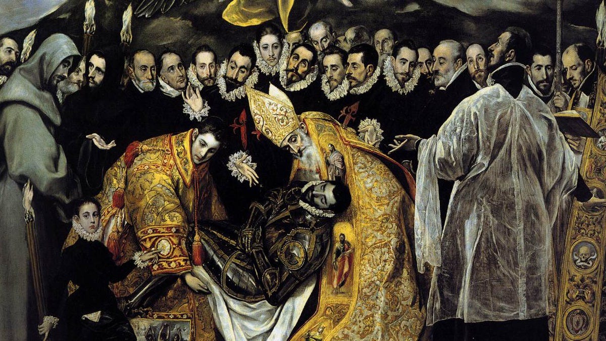 Post cover art A painting of a richly robed priest and bishop lower a knight in ornate black armor into a tomb, surrounded by a crowd of solemn onlookers in dark clothing with ruffled collars.