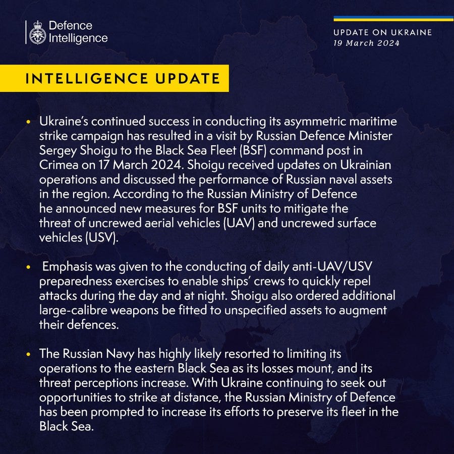 Ukraine’s continued success in conducting its asymmetric maritime strike campaign has resulted in a visit by Russian Defence Minister Sergey Shoigu to the Black Sea Fleet (BSF) command post in Crimea on 17 March 2024. Shoigu received updates on Ukrainian operations and discussed the performance of Russian naval assets in the region. According to the Russian Ministry of Defence he announced new measures for BSF units to mitigate the threat of uncrewed aerial vehicles (UAV) and uncrewed surface vehicles (USV).

Emphasis was given to the conducting of daily anti-UAV/USV preparedness exercises to enable ships’ crews to quickly repel attacks during the day and at night. Shoigu also ordered additional large-calibre weapons be fitted to unspecified assets to augment their defences.

The Russian Navy has highly likely resorted to limiting its operations to the eastern Black Sea as its losses mount, and its threat perceptions increase. 