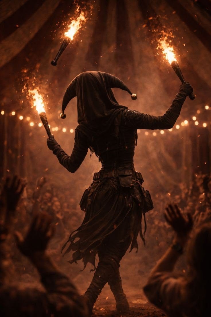 This may contain: a person with two torches standing in front of a group of people wearing costumes and holding torches