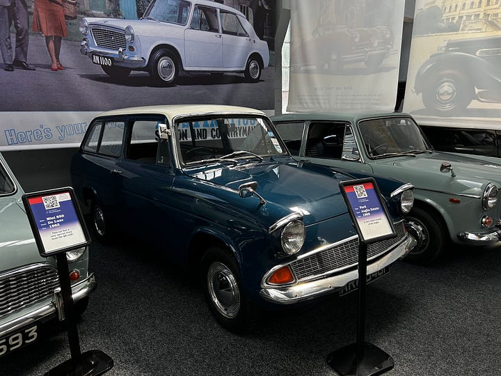 Four photos of cars at The Great British Car Journey. A: 1974 Austin 1300 B: 1968 MG 1300 C: 1968 Ford Anglia Estate D: 1966 Jaguar E-Type Fixed Head Coupe Image: Roland's Travels 2023