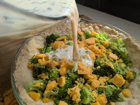 Ingredients for broccoli cheddar with tarragon quiche, assembled, being combined, and coming fresh and delicious from the oven in the pie crust from the recipe above.
