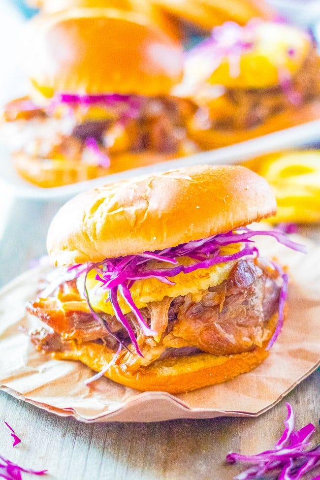 Slow Cooker Hawaiian Pulled Pork sandwiches. 