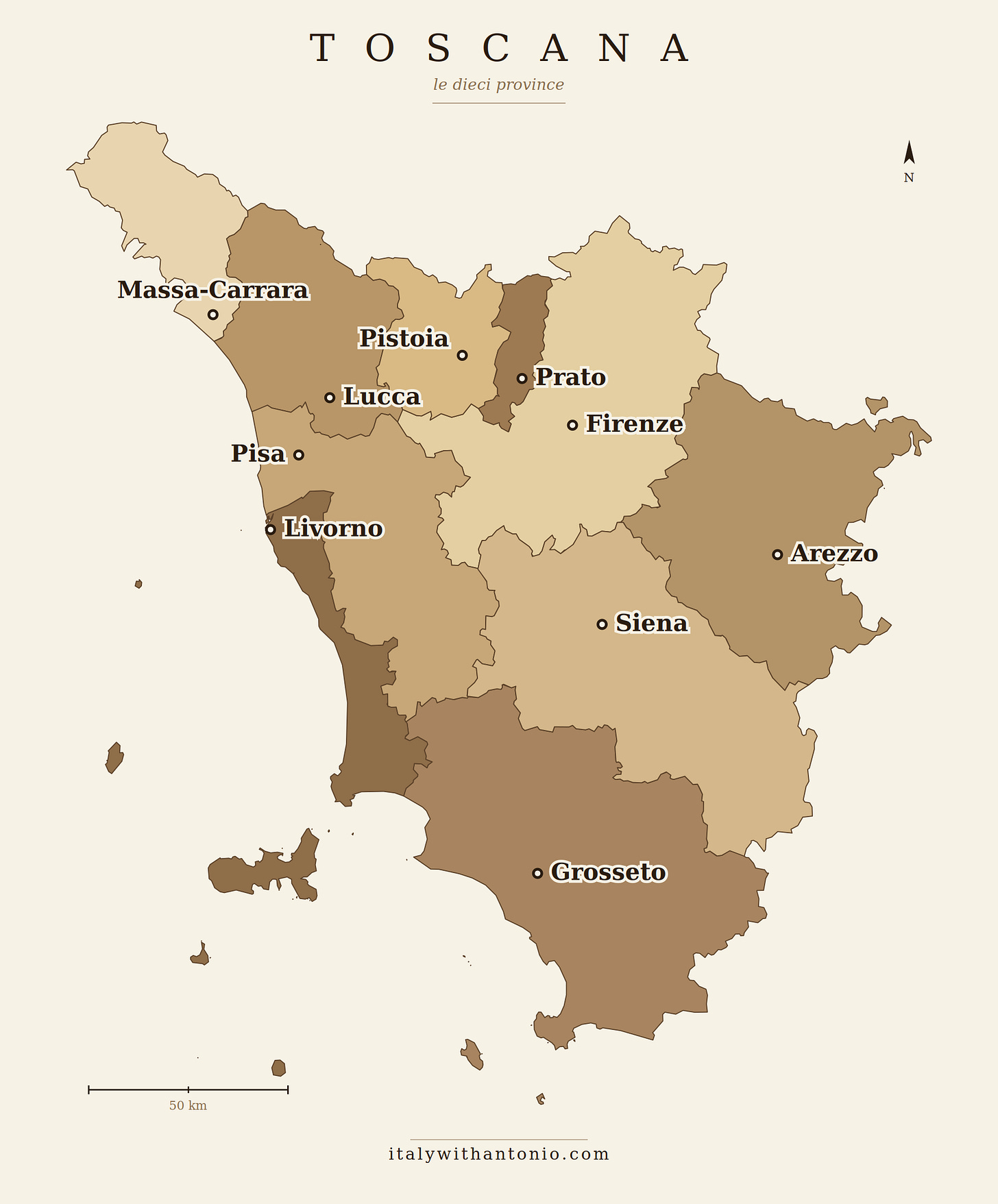 Map of Tuscany's ten provinces, with coastal and interior provinces distinguished.