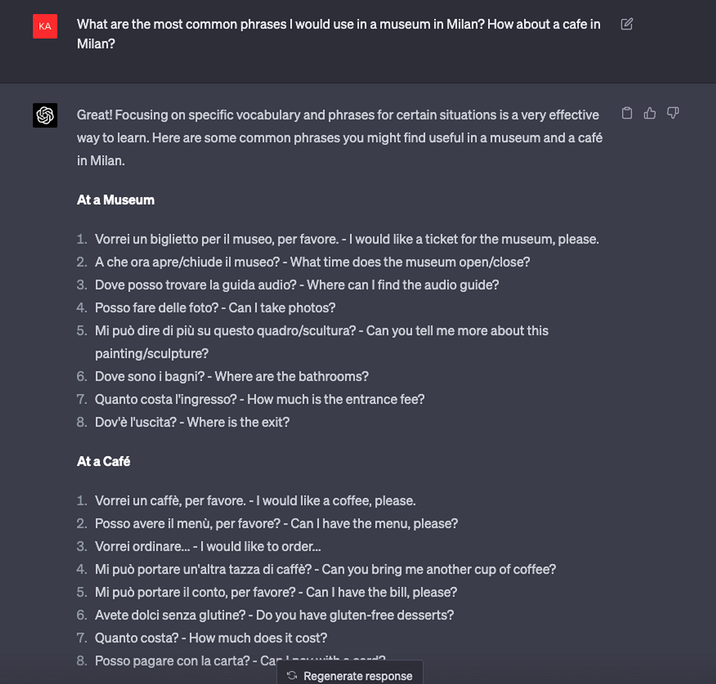 Screenshot of ChatGPT4 giving me Italian phrases