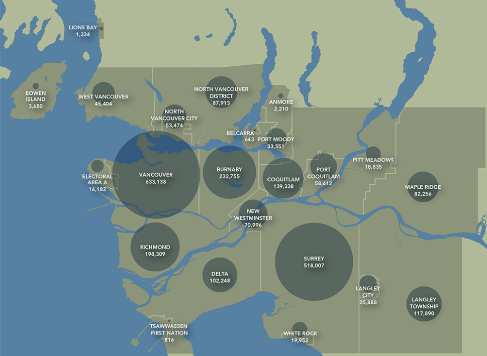 A look at Metro Vancouver’s population distribution from 2016. Image courtesy of BCIT. A look at Metro Vancouver’s population distribution from 2016. Image courtesy of BCIT.