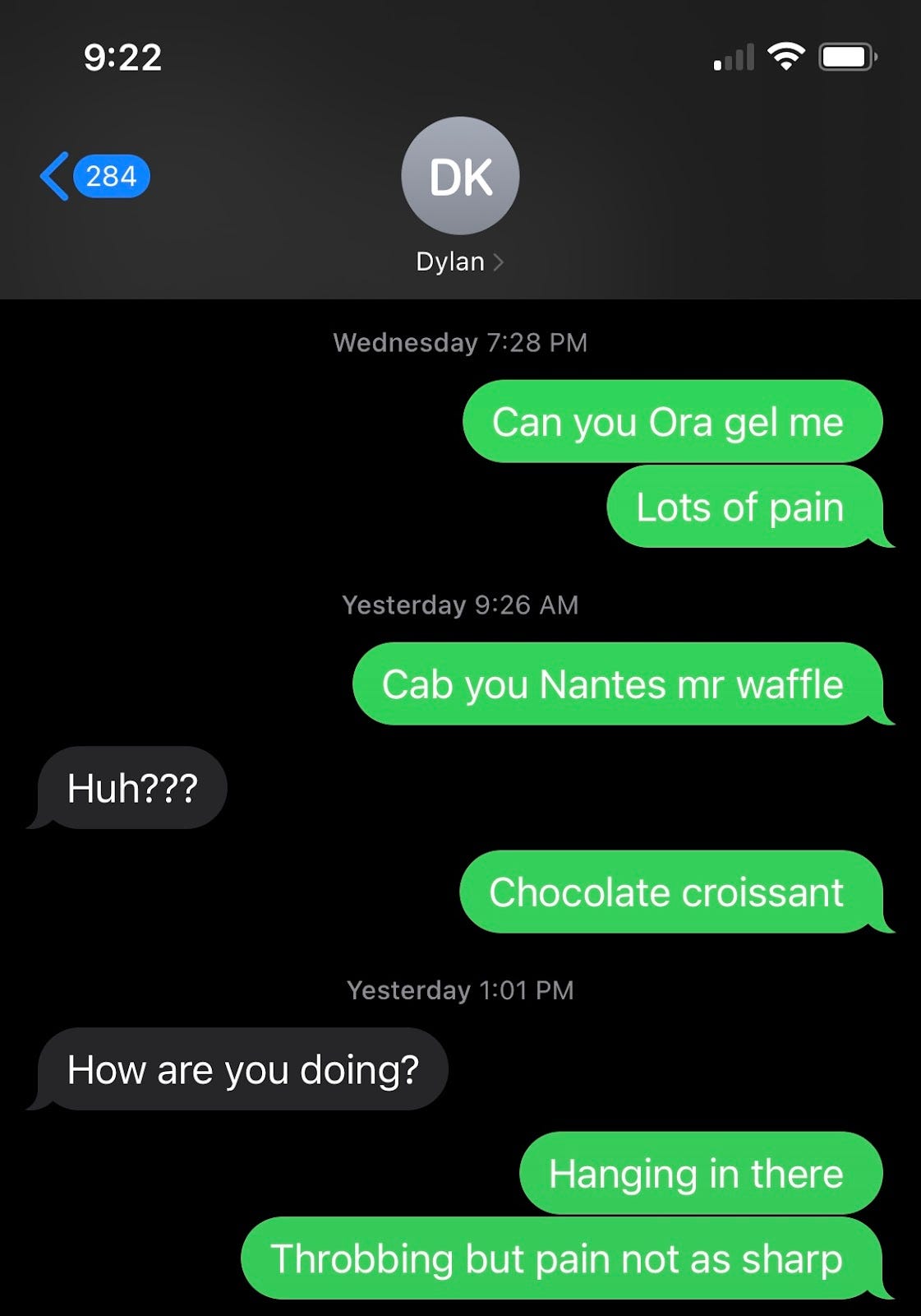 Text message thread between Samirah and her husband