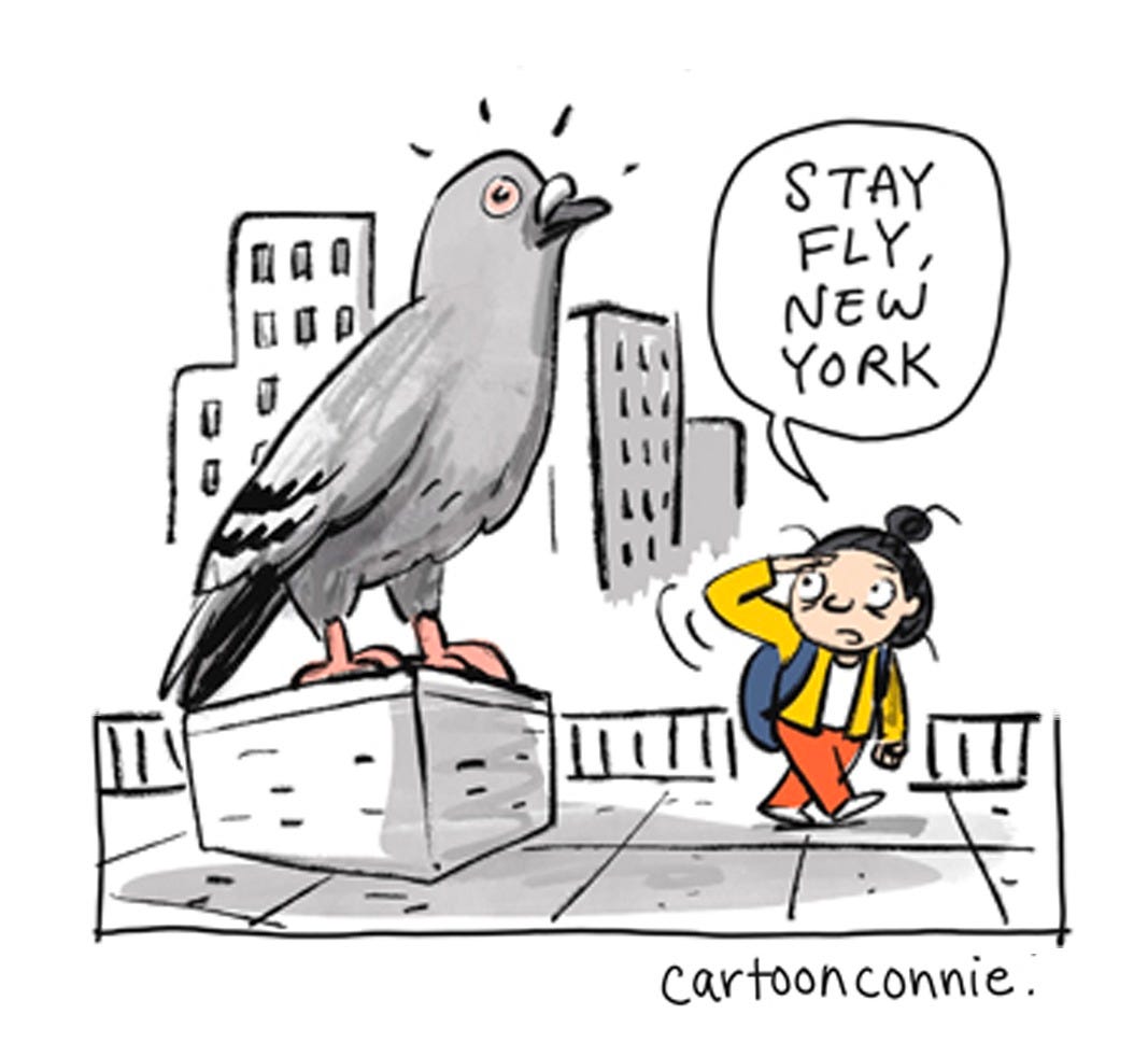 Panel 6 of a 6-panel diary comic with small scenes from New York City, drawn from memory by the artist. Titled "Small New York," 2026, by Connie Sun, cartoonconnie. 