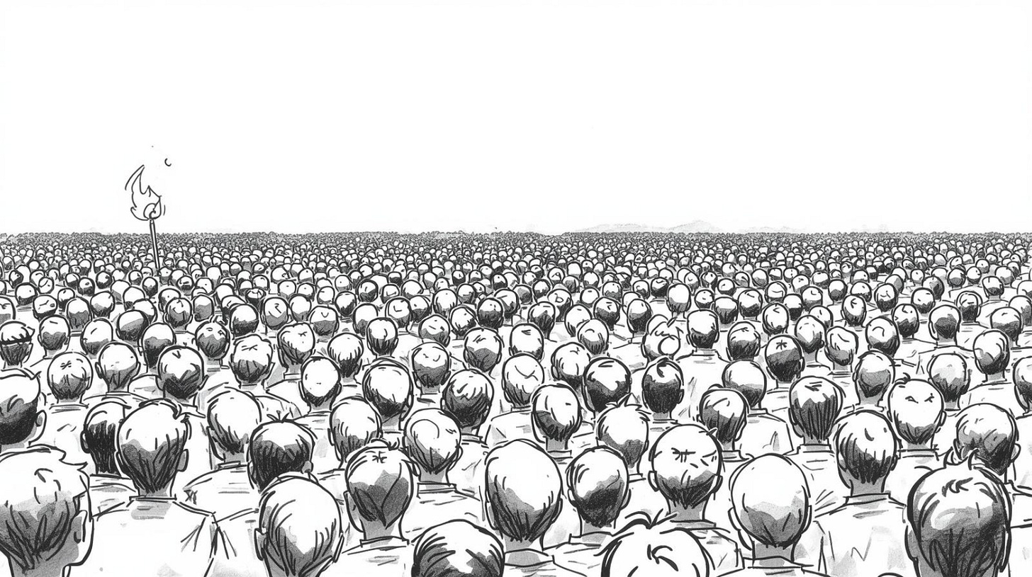 Enormous crowd of silhouettes facing a single tiny flame barely visible