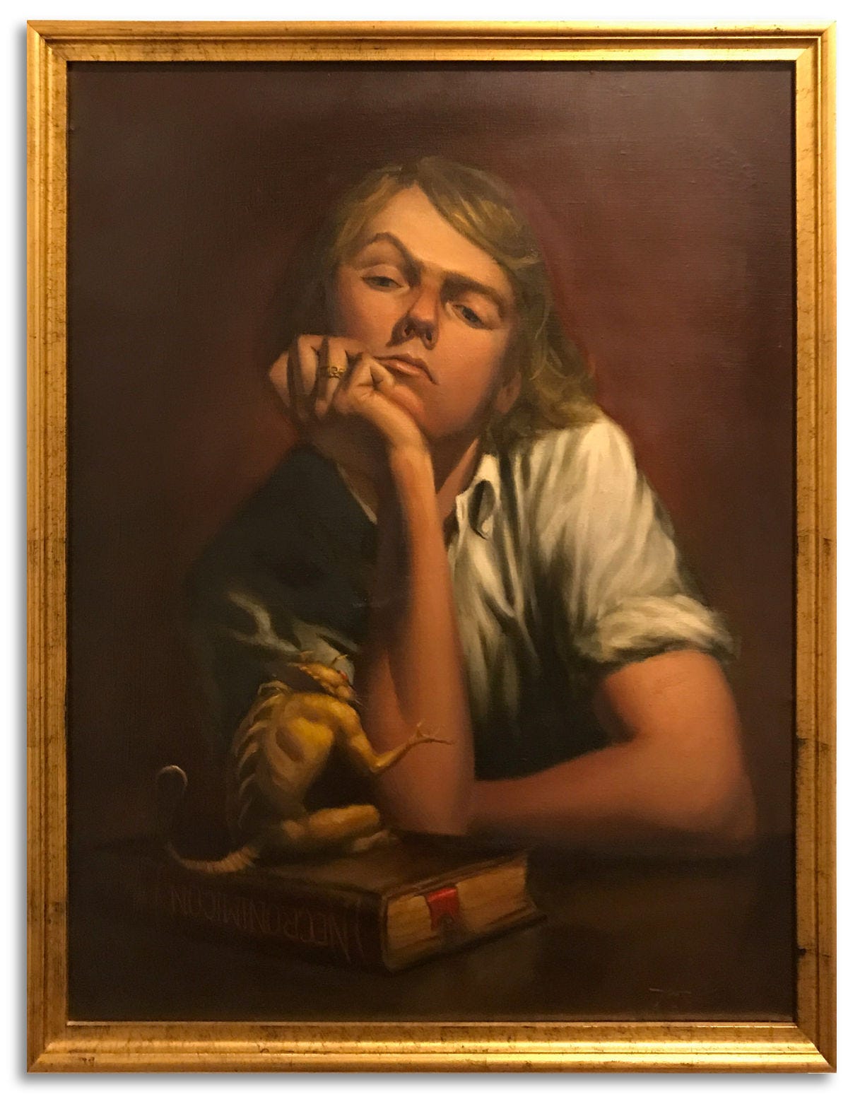 A tiny demon sits on a leather-bound copy of the Necronomicon explaining the details of his offer to a young artist who listens half-interested with elbows on the table and chin propped on his palm. His sandy blonde hair falls to shoulder length. The sleeves of his white shirt are rolled up. The red satin ribbon tucked in the book catches light, standing out from the earthy tones of the painting which is framed in gold moulding. A tiny demon sits on a leather-bound copy of the Necronomicon explaining the details of his offer to a young artist who listens half-interested with elbows on the table and chin propped on his palm. His sandy blonde hair falls to shoulder length. The sleeves of his white shirt are rolled up. The red satin ribbon tucked in the book catches light, standing out from the earthy tones of the painting which is framed in gold moulding.