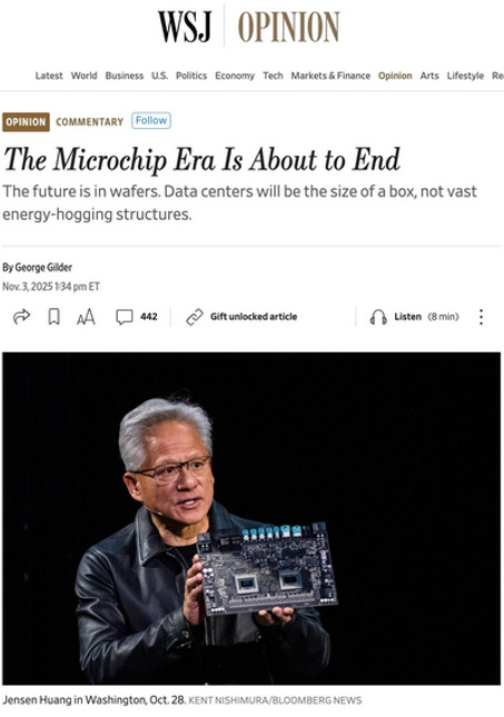 Jensen Huang stands in a formal setting wearing a black leather jacket and glasses, holding two semiconductor wafers in his hands. The wafers are circular and shiny with intricate circuit patterns visible. Background includes a blurred indoor environment with neutral tones. Article headline The Microchip Era Is About to End appears at the top with WSJ Opinion branding and byline by Gilad Gutherz. Image credit Jenni MurphyBloomberg News October 28.