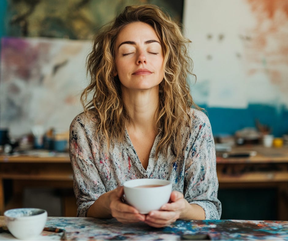 Woman with wavy, shoulder-length hair sits at a paint-splattered table in an art studio, holding a white mug with both hands and closing her eyes in a moment of calm reflection.