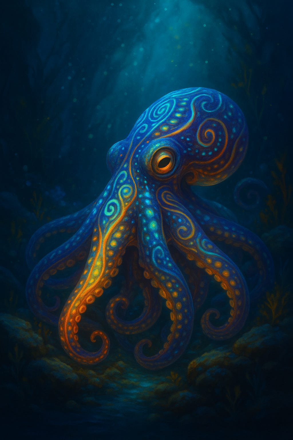 Stylised octopus in deep blue water. Swirling cyan–gold spirals ripple across its head and arms; warm orange glows along suckers and undersides. Tentacles curl gently above a dim, rocky seabed while soft shafts of light fall from above.