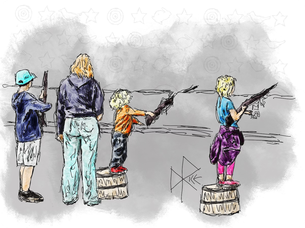 Three children, backed by their mother, having a good time shooting at targets at an exhibition. Sketch art by Don Rice. Three children, backed by their mother, having a good time shooting at targets at an exhibition. Sketch art by Don Rice.