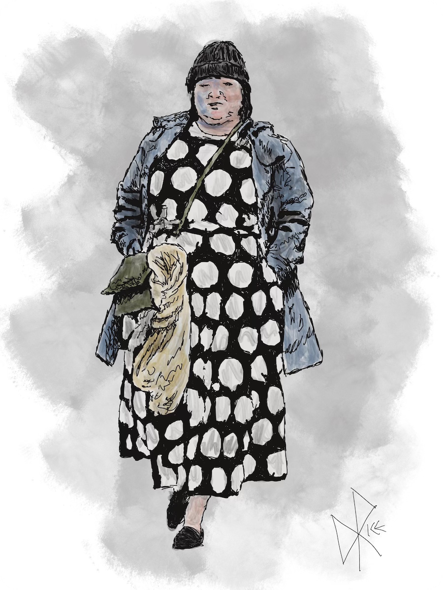 Hands in her pockets, a woman in a dress, jacket and winter cap out walking on the sidewalk. Sketch art by Don Rice. Hands in her pockets, a woman in a dress, jacket and winter cap out walking on the sidewalk. Sketch art by Don Rice.