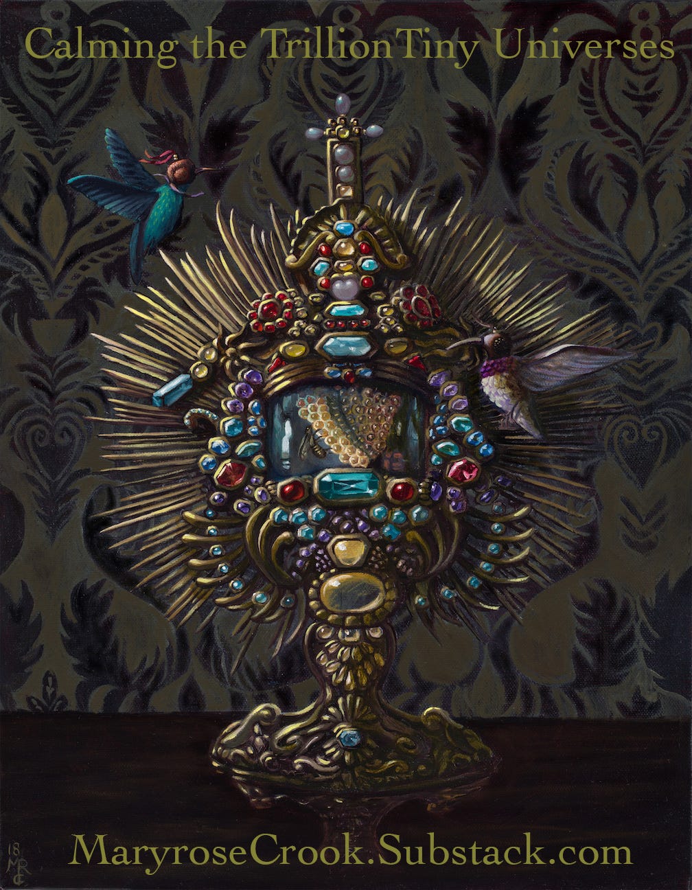 oil painting of catholic style reliquary with starburst gold surround and multi coloured jewels, inside is a bee, flying around the outside are two hummingbirds with bird of prey style helmets on, and behind is dark rococo style wallpaper