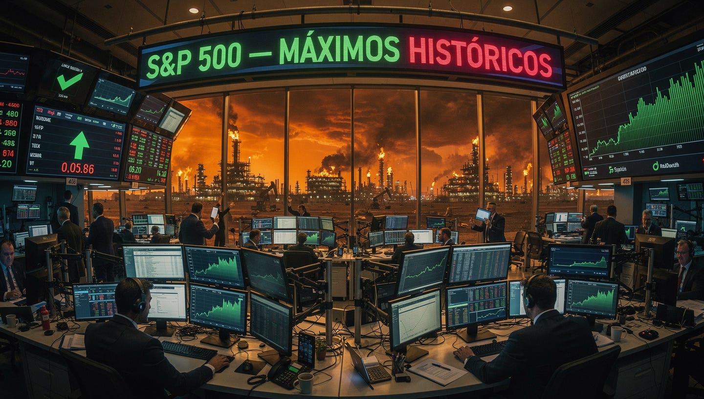 A dramatic and realistic wide-angle photograph of a massive stock exchange trading floor, screens displaying green upward-trending charts and record-high index numbers, brokers in suits looking at monitors with expressions of focused intensity. In the background, through floor-to-ceiling glass windows, a stormy dark orange sky reflects the glow of distant fires and oil refineries burning on the horizon. A large digital ticker board prominently shows "S&P 500 — MÁXIMOS HISTÓRICOS". The contrast between the chaos outside and the euphoric energy inside the trading floor is stark and cinematic. Photorealistic, shot with a 24mm lens, shallow depth of field, dramatic lighting with warm amber and cool blue tones, ultra-detailed, 8K resolution, editorial photography style. A dramatic and realistic wide-angle photograph of a massive stock exchange trading floor, screens displaying green upward-trending charts and record-high index numbers, brokers in suits looking at monitors with expressions of focused intensity. In the background, through floor-to-ceiling glass windows, a stormy dark orange sky reflects the glow of distant fires and oil refineries burning on the horizon. A large digital ticker board prominently shows "S&P 500 — MÁXIMOS HISTÓRICOS". The contrast between the chaos outside and the euphoric energy inside the trading floor is stark and cinematic. Photorealistic, shot with a 24mm lens, shallow depth of field, dramatic lighting with warm amber and cool blue tones, ultra-detailed, 8K resolution, editorial photography style.