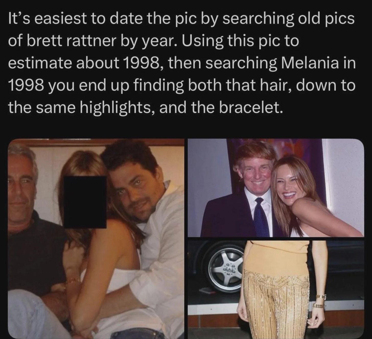 Pjhoto showing Epstein, girl with blacked out face, Brett, then Trump and Melania and some bracelets that Melania had and this girl appears to have but blurry. Pjhoto showing Epstein, girl with blacked out face, Brett, then Trump and Melania and some bracelets that Melania had and this girl appears to have but blurry.