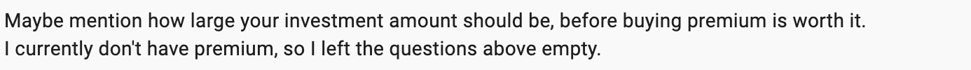 Beating The Tide subscriber survey feedback asking what minimum investment portfolio size makes premium membership worth it, with a free subscriber saying they left paid questions blank because they don’t have premium